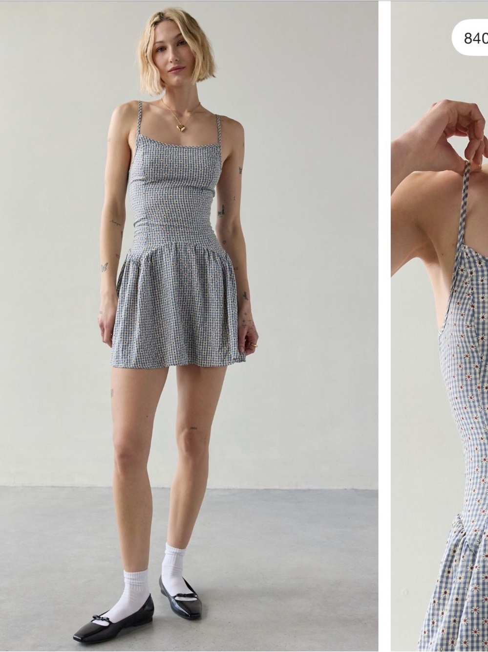 Urban Outfitters Navy Blue Floral Gingham Mini Dress